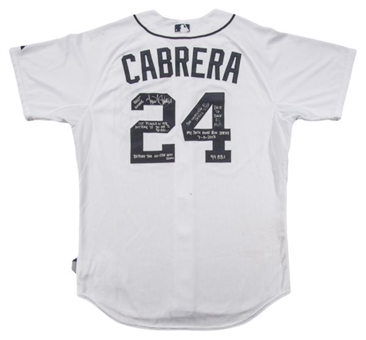 2013 Miguel Cabrera Game Worn & Heavily Inscribed Home Detroit Tigers Jersey Worn to Hit Home Run #30 - First Player in MLB History with 30 HR/90 RBI Before All-Star Break (MLB Auth) - PHOTO MATCHED